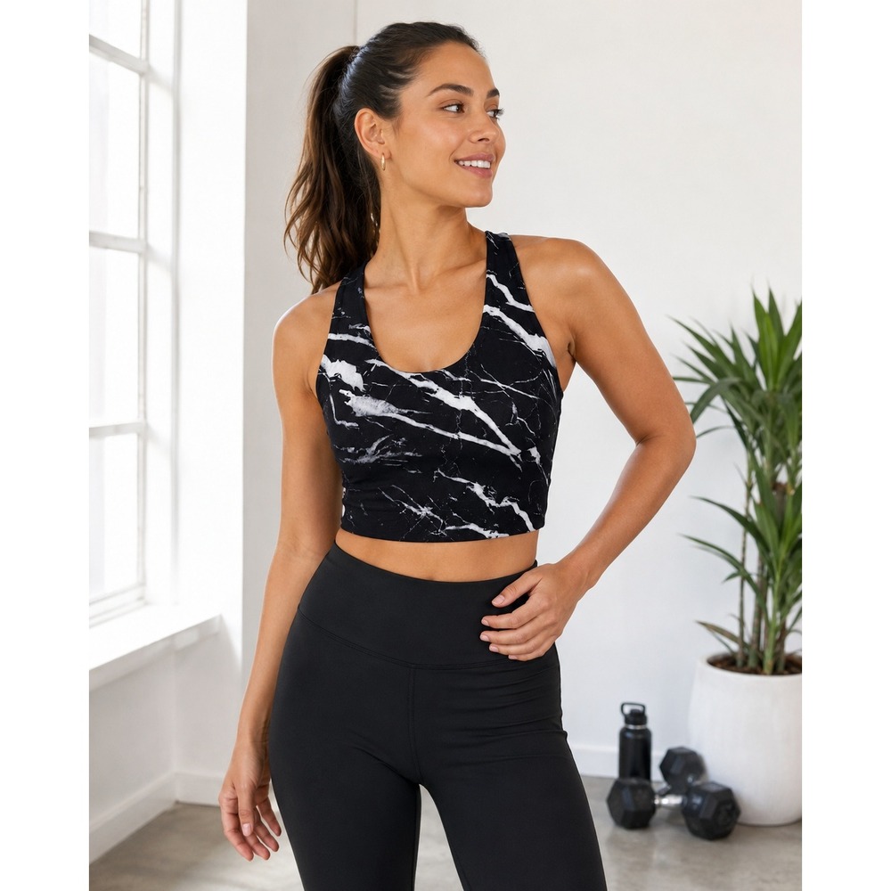 Terez New York Women Black White Marble Racerback Sports Bra Crop Top Size L